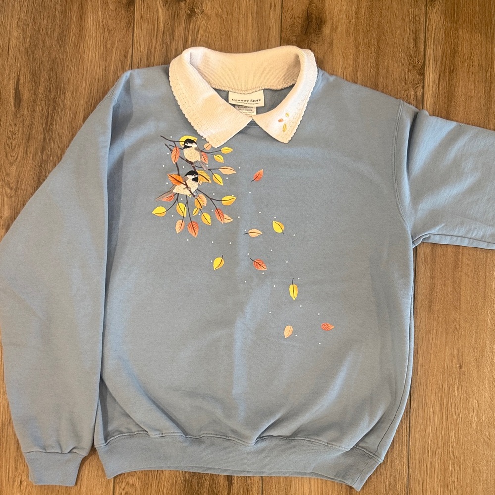Grandma Vintage Women's Blue Sweater with Embroidered Bird Design